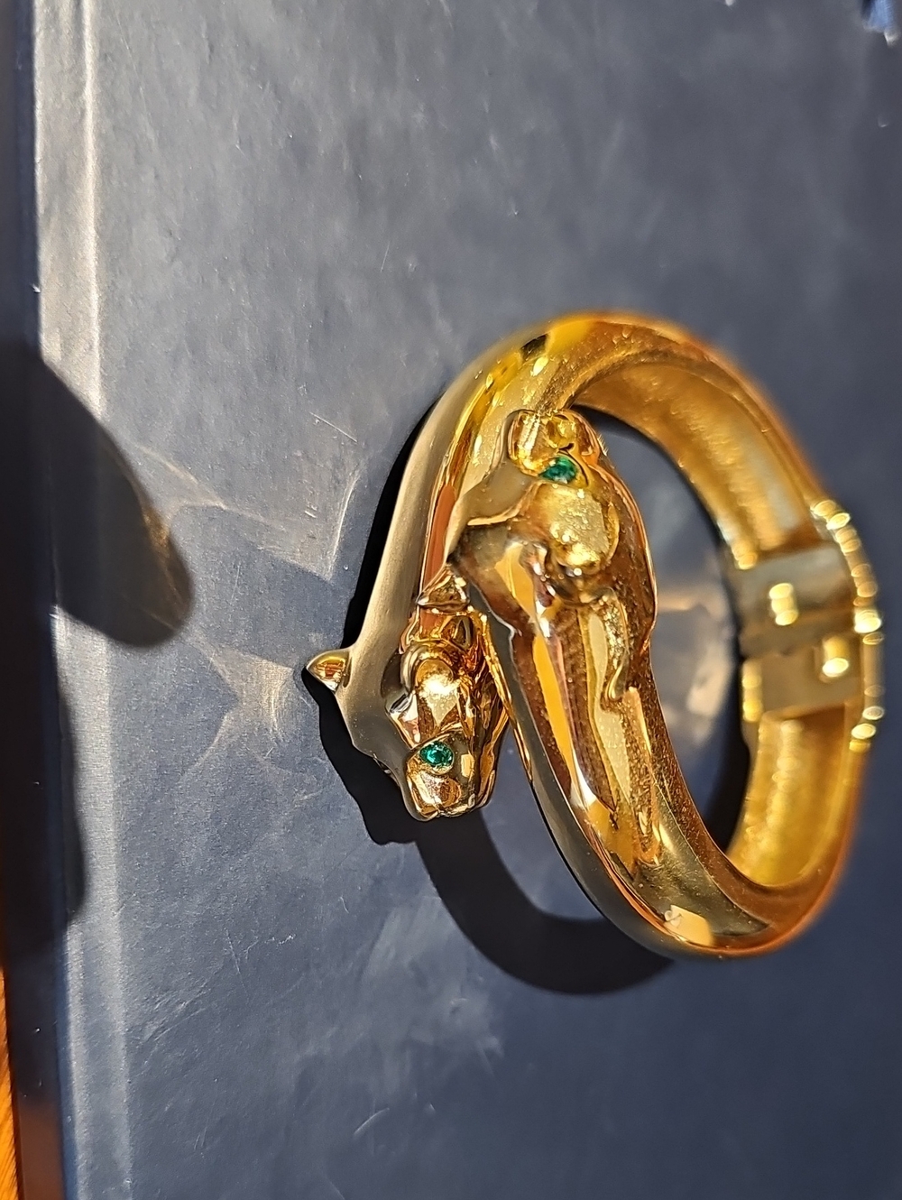Givenchy Gold Panther Hinged Bangle Bracelet with Green Stone Eyes